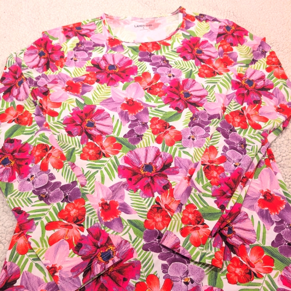 Lands' End Women’s Floral Long Sleeve Round Neck Stretchy Shirt Size Small 6-8